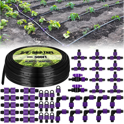 500' 5/8 Inch Drip Tape Irrigation Tubing Kit 16 Mil 6" Spacing Garden Hose Watering Tube Line Automatic Equipment for Garden Irrigation System Farms, Landscape, Lawn