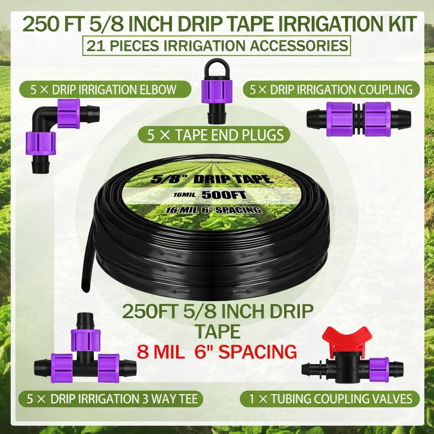 500' 5/8 Inch Drip Tape Irrigation Tubing Kit 16 Mil 6" Spacing Garden Hose Watering Tube Line Automatic Equipment for Garden Irrigation System Farms, Landscape, Lawn