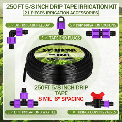 500' 5/8 Inch Drip Tape Irrigation Tubing Kit 16 Mil 6" Spacing Garden Hose Watering Tube Line Automatic Equipment for Garden Irrigation System Farms, Landscape, Lawn