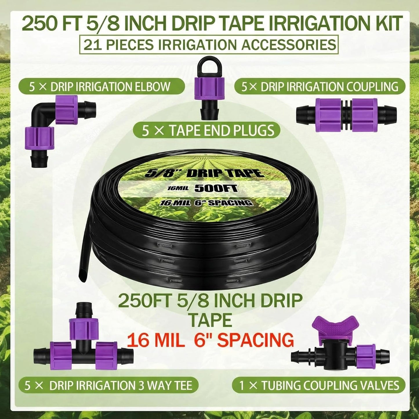 500' 5/8 Inch Drip Tape Irrigation Tubing Kit 16 Mil 6" Spacing Garden Hose Watering Tube Line Automatic Equipment for Garden Irrigation System Farms, Landscape, Lawn