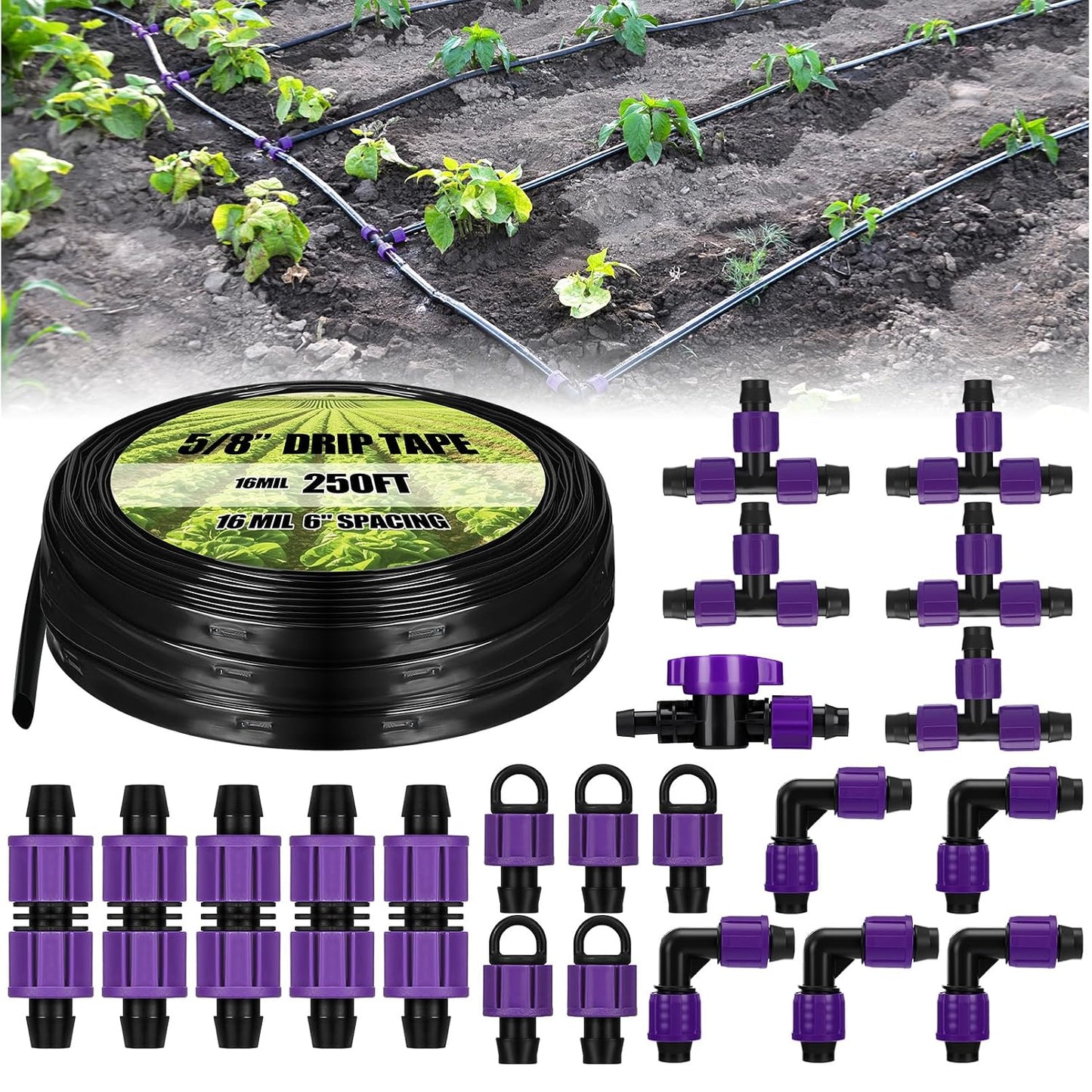 500' 5/8 Inch Drip Tape Irrigation Tubing Kit 16 Mil 6" Spacing Garden Hose Watering Tube Line Automatic Equipment for Garden Irrigation System Farms, Landscape, Lawn