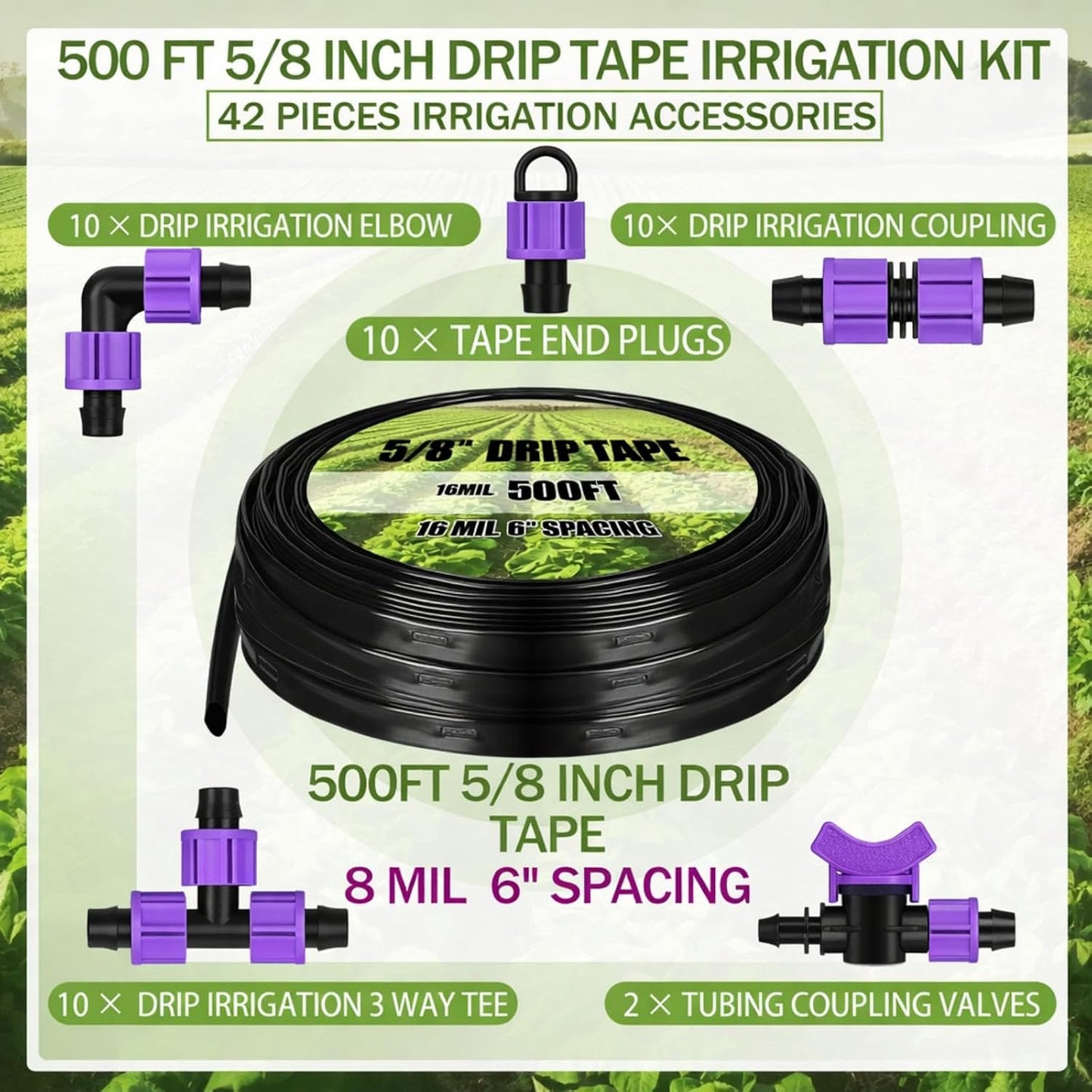 500' 5/8 Inch Drip Tape Irrigation Tubing Kit 16 Mil 6" Spacing Garden Hose Watering Tube Line Automatic Equipment for Garden Irrigation System Farms, Landscape, Lawn