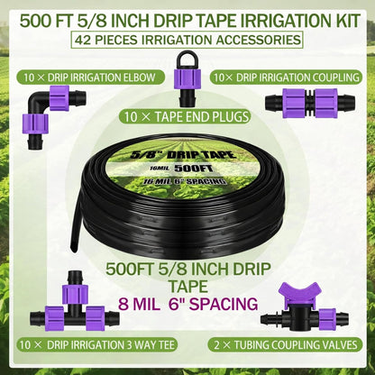 500' 5/8 Inch Drip Tape Irrigation Tubing Kit 16 Mil 6" Spacing Garden Hose Watering Tube Line Automatic Equipment for Garden Irrigation System Farms, Landscape, Lawn