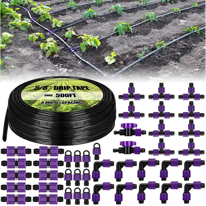 500' 5/8 Inch Drip Tape Irrigation Tubing Kit 16 Mil 6" Spacing Garden Hose Watering Tube Line Automatic Equipment for Garden Irrigation System Farms, Landscape, Lawn