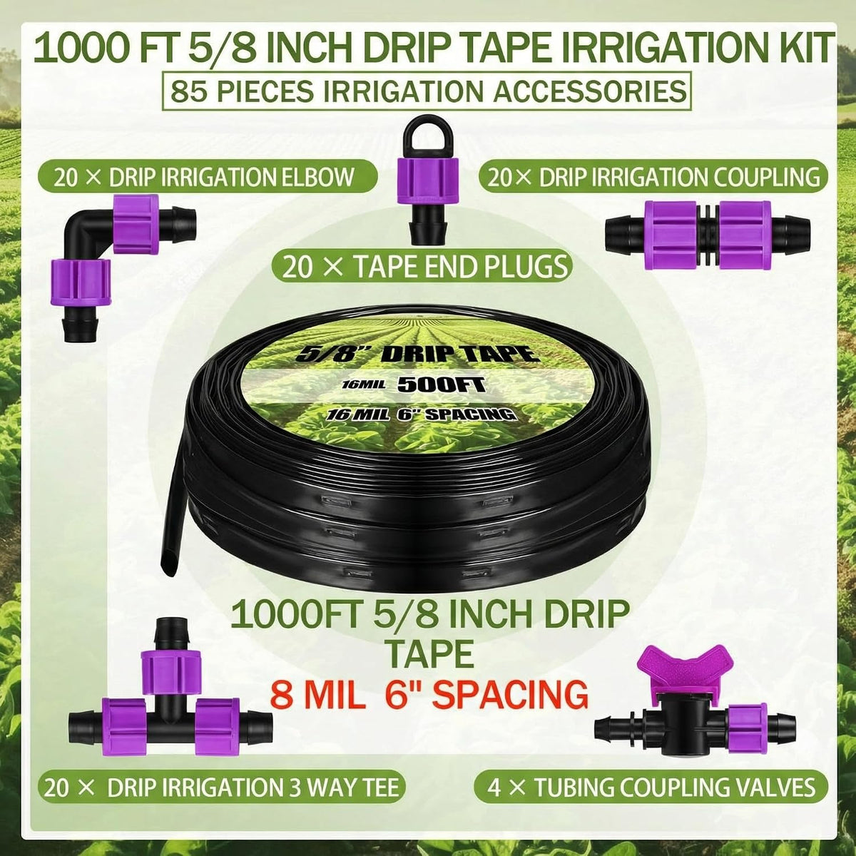 500' 5/8 Inch Drip Tape Irrigation Tubing Kit 16 Mil 6" Spacing Garden Hose Watering Tube Line Automatic Equipment for Garden Irrigation System Farms, Landscape, Lawn