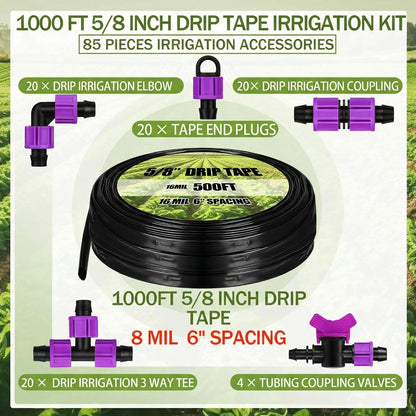 500' 5/8 Inch Drip Tape Irrigation Tubing Kit 16 Mil 6" Spacing Garden Hose Watering Tube Line Automatic Equipment for Garden Irrigation System Farms, Landscape, Lawn