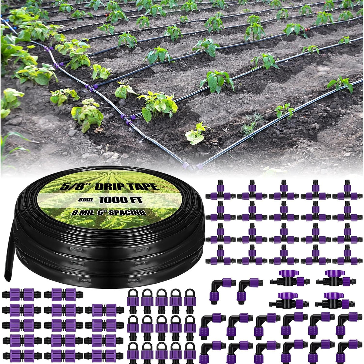 500' 5/8 Inch Drip Tape Irrigation Tubing Kit 16 Mil 6" Spacing Garden Hose Watering Tube Line Automatic Equipment for Garden Irrigation System Farms, Landscape, Lawn