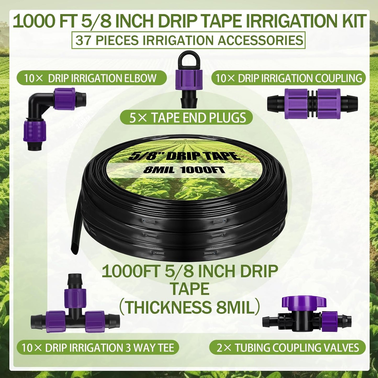 500' 5/8 Inch Drip Tape Irrigation Tubing Kit 16 Mil 6" Spacing Garden Hose Watering Tube Line Automatic Equipment for Garden Irrigation System Farms, Landscape, Lawn