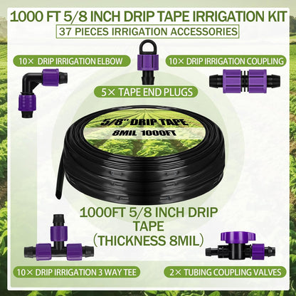 500' 5/8 Inch Drip Tape Irrigation Tubing Kit 16 Mil 6" Spacing Garden Hose Watering Tube Line Automatic Equipment for Garden Irrigation System Farms, Landscape, Lawn