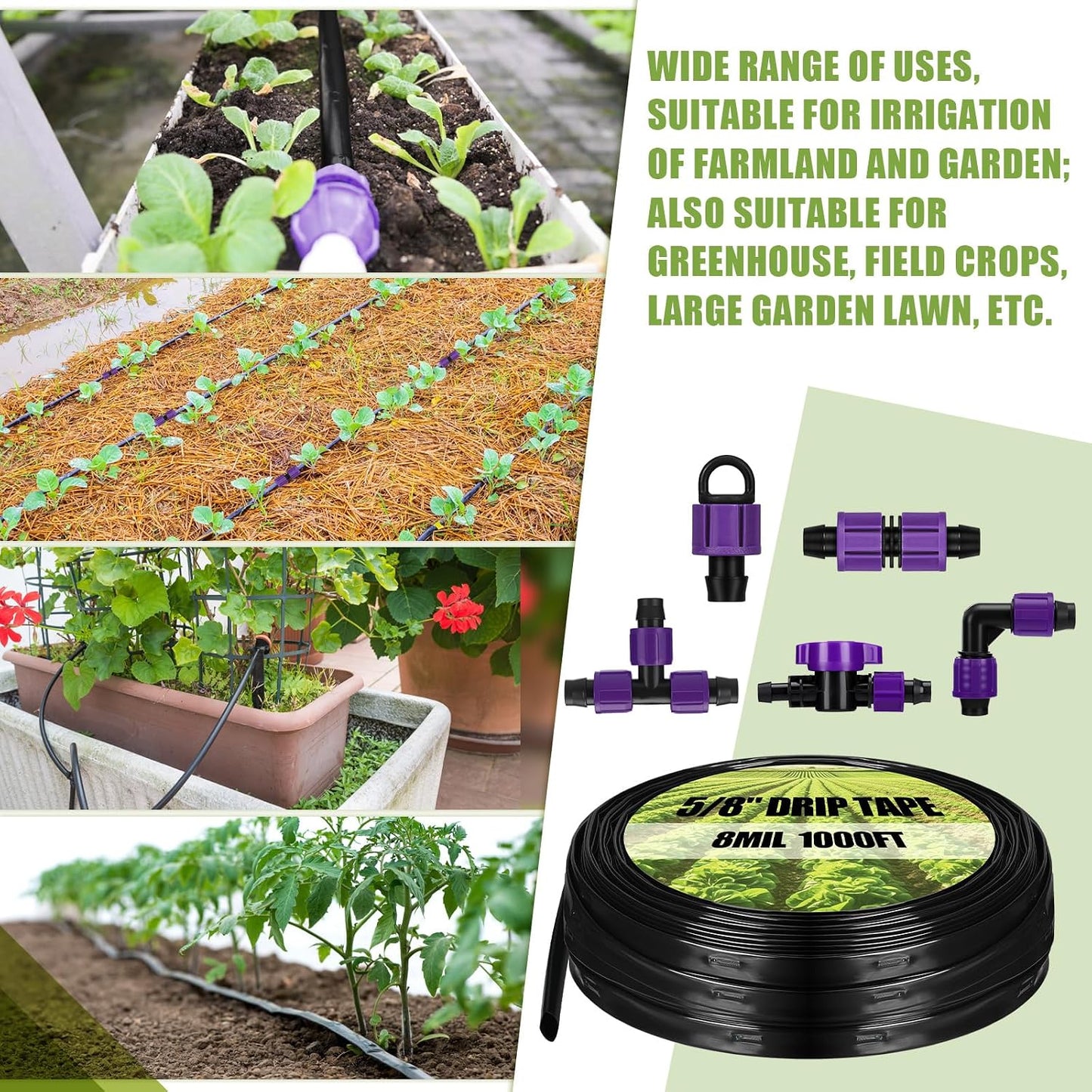 500' 5/8 Inch Drip Tape Irrigation Tubing Kit 16 Mil 6" Spacing Garden Hose Watering Tube Line Automatic Equipment for Garden Irrigation System Farms, Landscape, Lawn