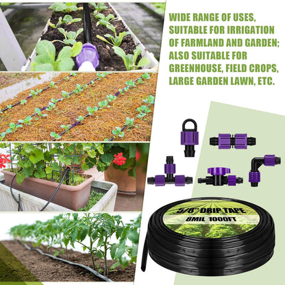 500' 5/8 Inch Drip Tape Irrigation Tubing Kit 16 Mil 6" Spacing Garden Hose Watering Tube Line Automatic Equipment for Garden Irrigation System Farms, Landscape, Lawn