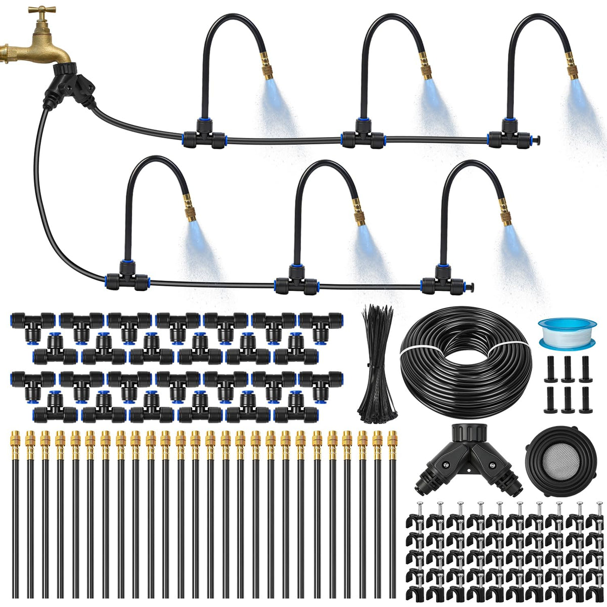 120Ft 1/4" Drip Irrigation System for Garden – 26 Adjustable Copper Nozzles, Automatic Atomizing Sprinkler System for Outdoor Plants Raised Bed, Yard, Potted Plants & Lawn