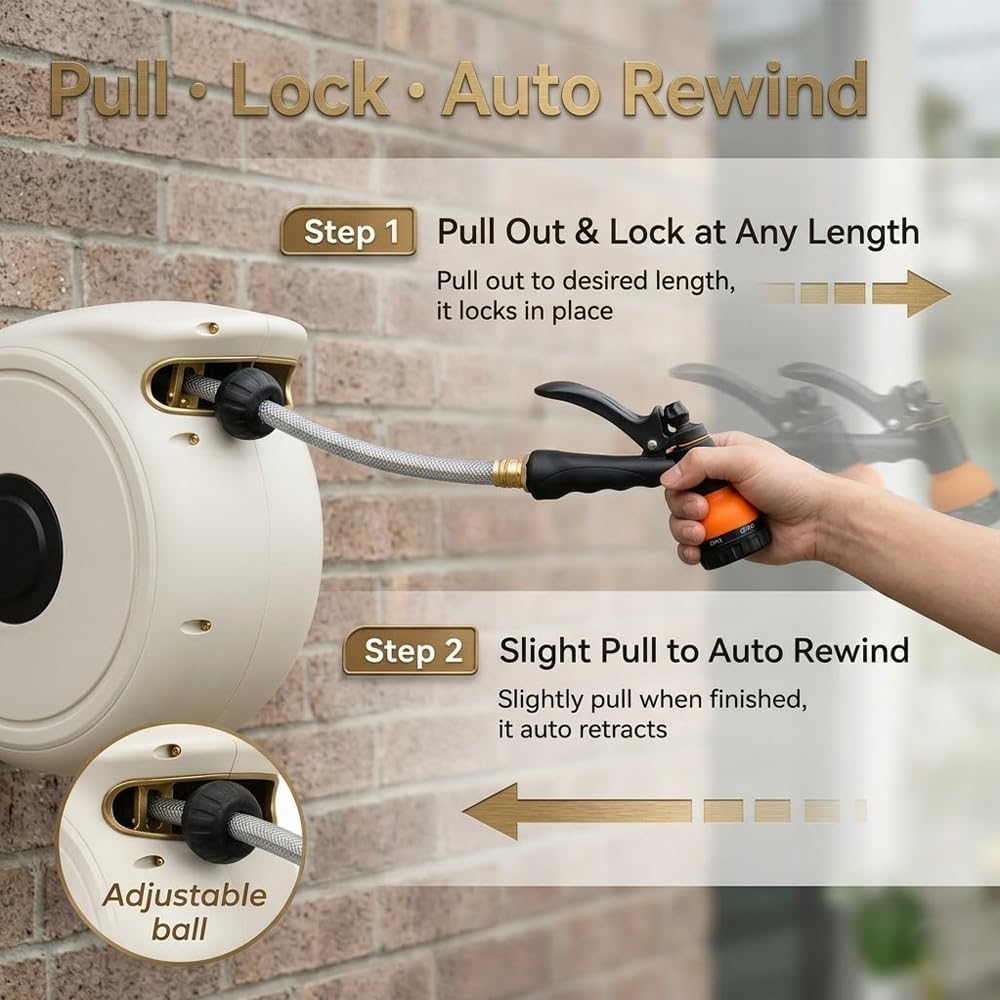 Retractable Garden Hose Reel 100 ft, Auto Rewind