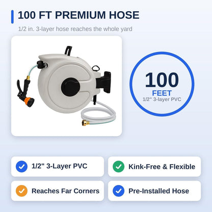 Retractable Garden Hose Reel 100 ft, Auto Rewind