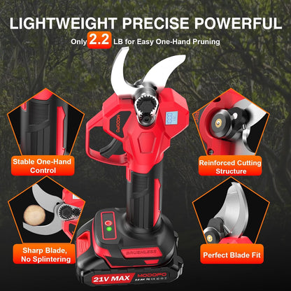 Electric Pruning Shears, Upgraded 2.1" Cutting Garden Shears with LCD Display, Brushless Motor Cordless Power Pruner with 2.0 Ah*2 Batteries for Garden Tree Pruner Branch