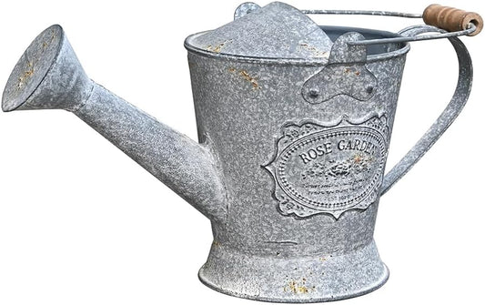 Vintage Metal Watering Can with Wooden Handle, Watering Can for Indoor/Outdoor Plants, Shabby Chic Decor for Home Balcony Courtyard Garden Gray