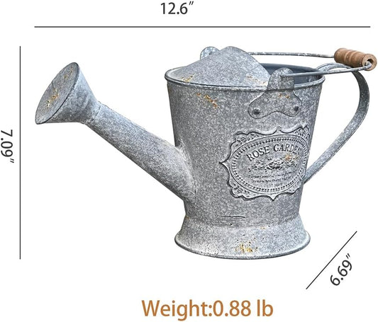 Vintage Metal Watering Can with Wooden Handle, Watering Can for Indoor/Outdoor Plants, Shabby Chic Decor for Home Balcony Courtyard Garden Gray