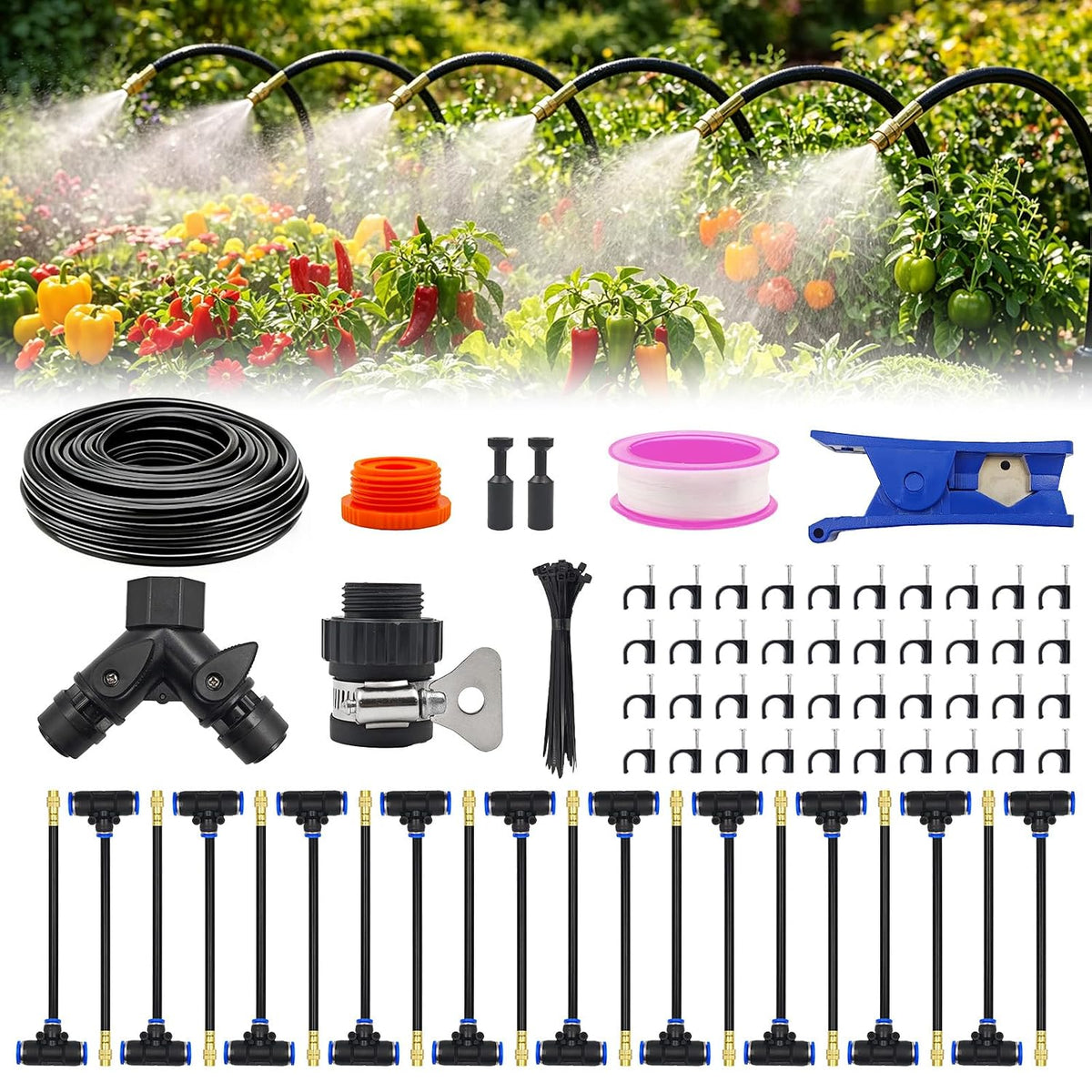 60FT Drip Irrigation System, Automatic Garden Watering Kit with 360° Bendable Hose & 20 Adjustable Nozzles, Water Pressure Powered Sprinkler System for Greenhouse, Lawn, Garden,Yard & Plants