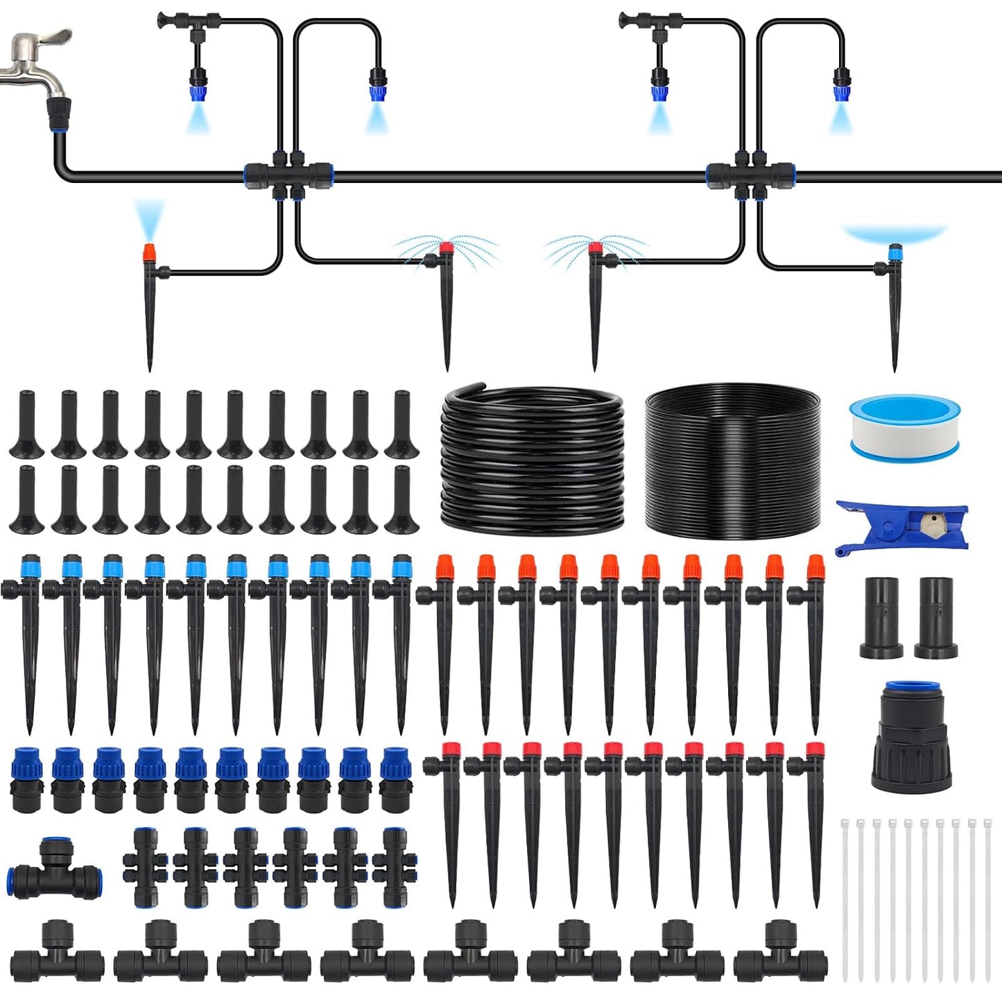 60FT Drip Irrigation System, Automatic Garden Watering Kit with 360° Bendable Hose & 20 Adjustable Nozzles, Water Pressure Powered Sprinkler System for Greenhouse, Lawn, Garden,Yard & Plants