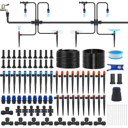 60FT Drip Irrigation System, Automatic Garden Watering Kit with 360° Bendable Hose & 20 Adjustable Nozzles, Water Pressure Powered Sprinkler System for Greenhouse, Lawn, Garden,Yard & Plants