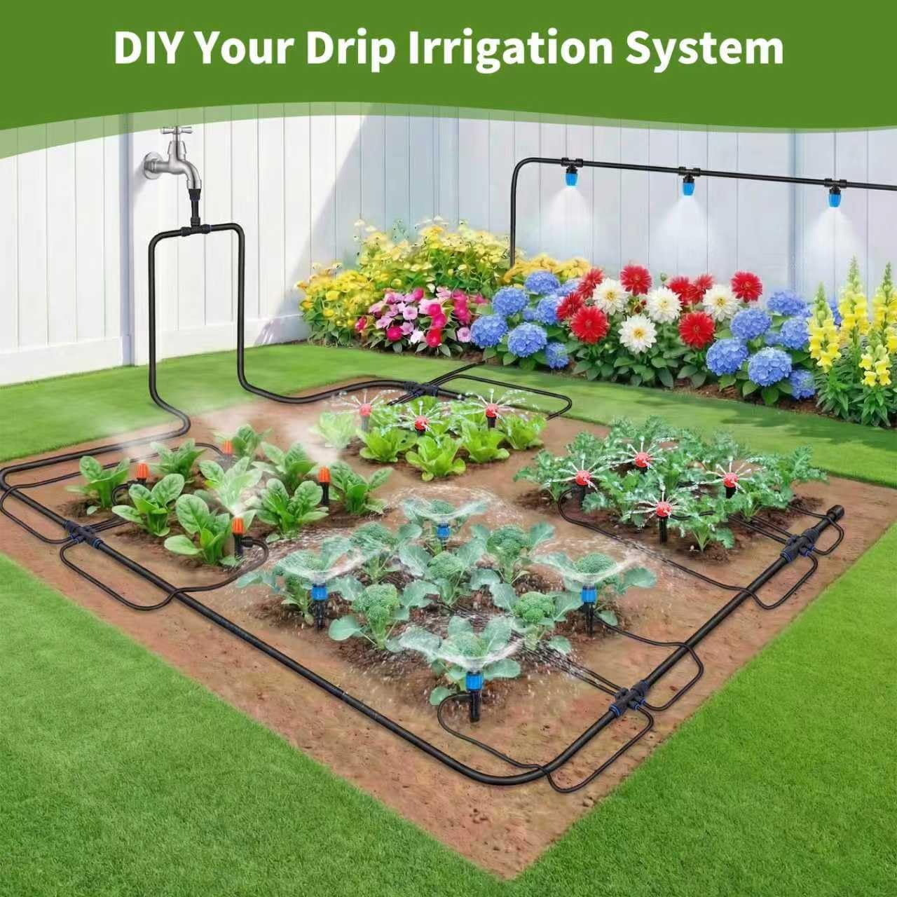 60FT Drip Irrigation System, Automatic Garden Watering Kit with 360° Bendable Hose & 20 Adjustable Nozzles, Water Pressure Powered Sprinkler System for Greenhouse, Lawn, Garden,Yard & Plants