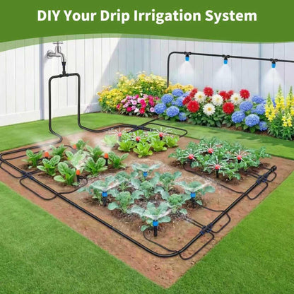 60FT Drip Irrigation System, Automatic Garden Watering Kit with 360° Bendable Hose & 20 Adjustable Nozzles, Water Pressure Powered Sprinkler System for Greenhouse, Lawn, Garden,Yard & Plants