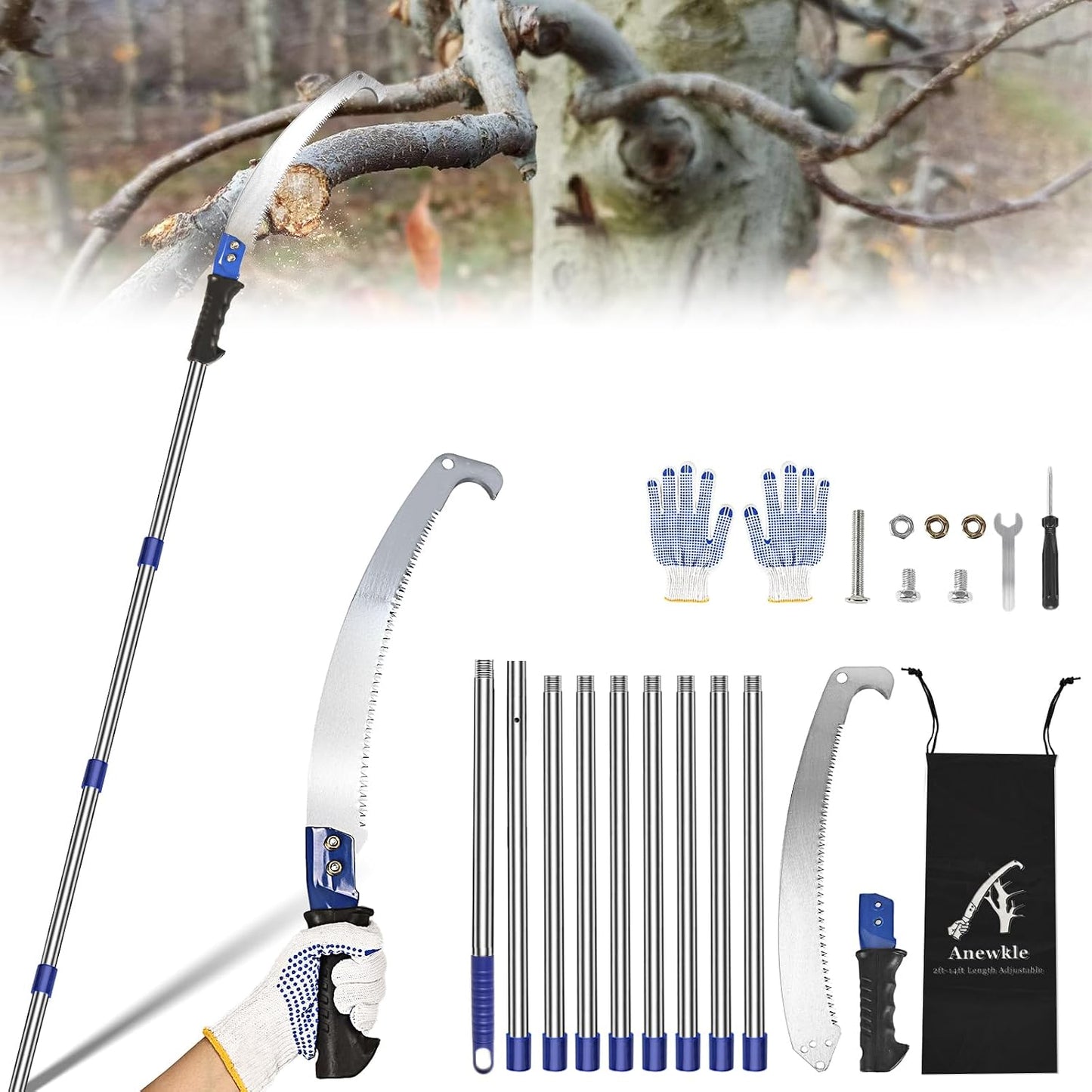 14 Feet Pole Saw Tree Trimming Pruning Saw High Reach Lightweight Manual Stainless Steel Extension Pole Cutter Long Branch Trimmer Tree Pole Pruner Saw Blades for Trees Branches Sawing and Shearing