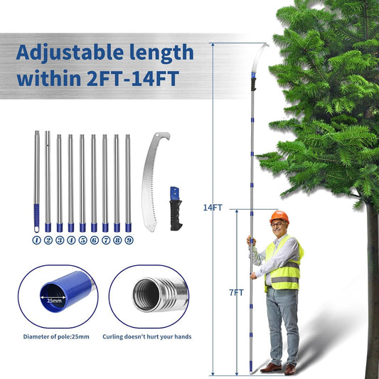 14 Feet Pole Saw Tree Trimming Pruning Saw High Reach Lightweight Manual Stainless Steel Extension Pole Cutter Long Branch Trimmer Tree Pole Pruner Saw Blades for Trees Branches Sawing and Shearing