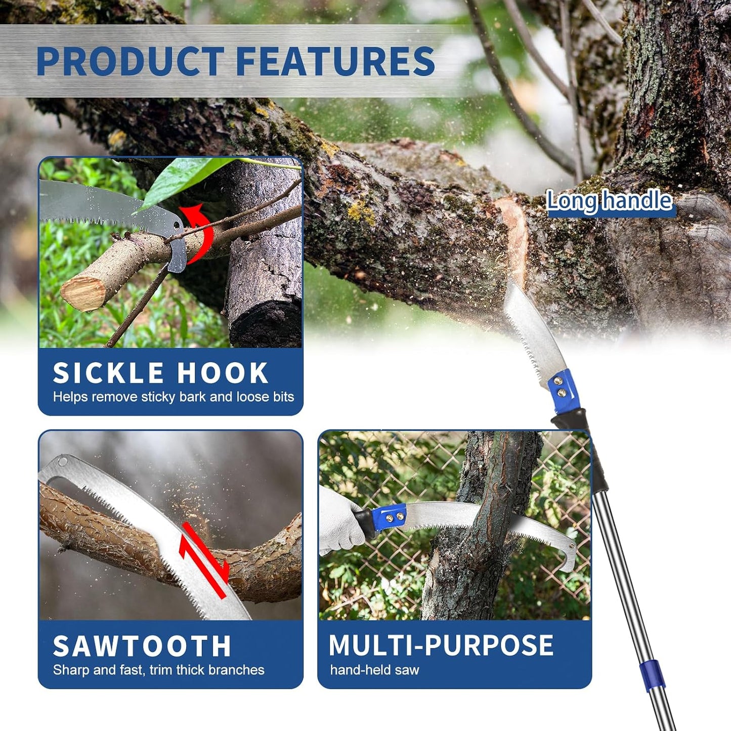 14 Feet Pole Saw Tree Trimming Pruning Saw High Reach Lightweight Manual Stainless Steel Extension Pole Cutter Long Branch Trimmer Tree Pole Pruner Saw Blades for Trees Branches Sawing and Shearing
