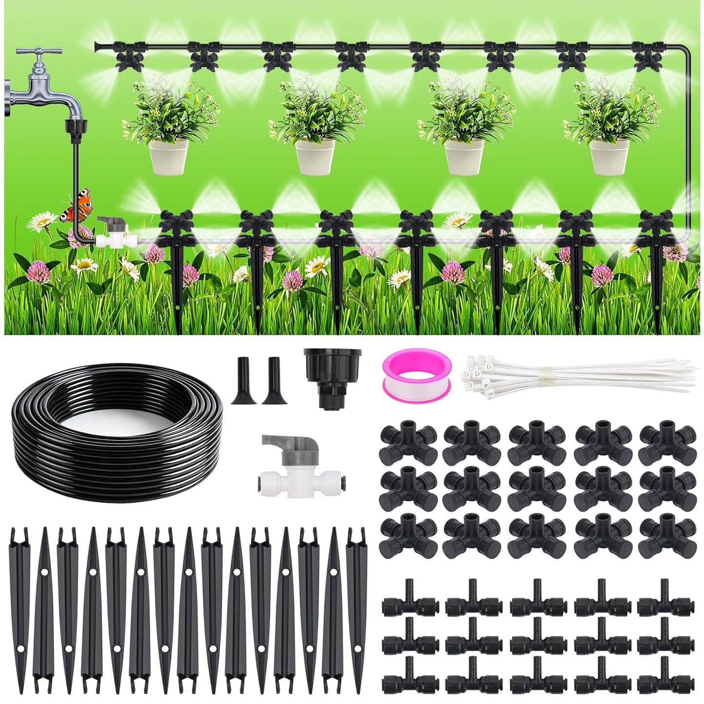 50FT Drip Irrigation System Kit, Garden Watering System