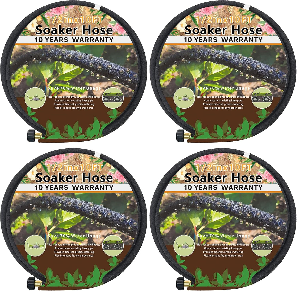 4-Pack Soaker Hose for Garden 10 Ft, Short Soaker Hoses 40 Ft, Rubber Garden Hose for Watering, Heavy Duty Drip Irrigation Hoses System (10 feet 4-Pack)