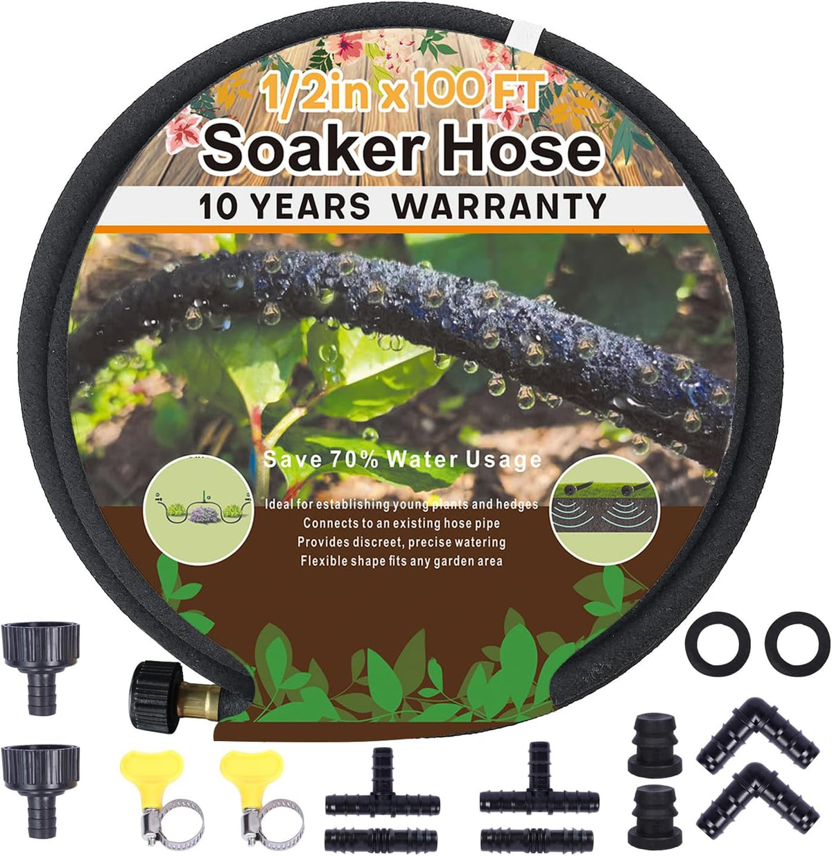 4-Pack Soaker Hose for Garden 10 Ft, Short Soaker Hoses 40 Ft, Rubber Garden Hose for Watering, Heavy Duty Drip Irrigation Hoses System (10 feet 4-Pack)