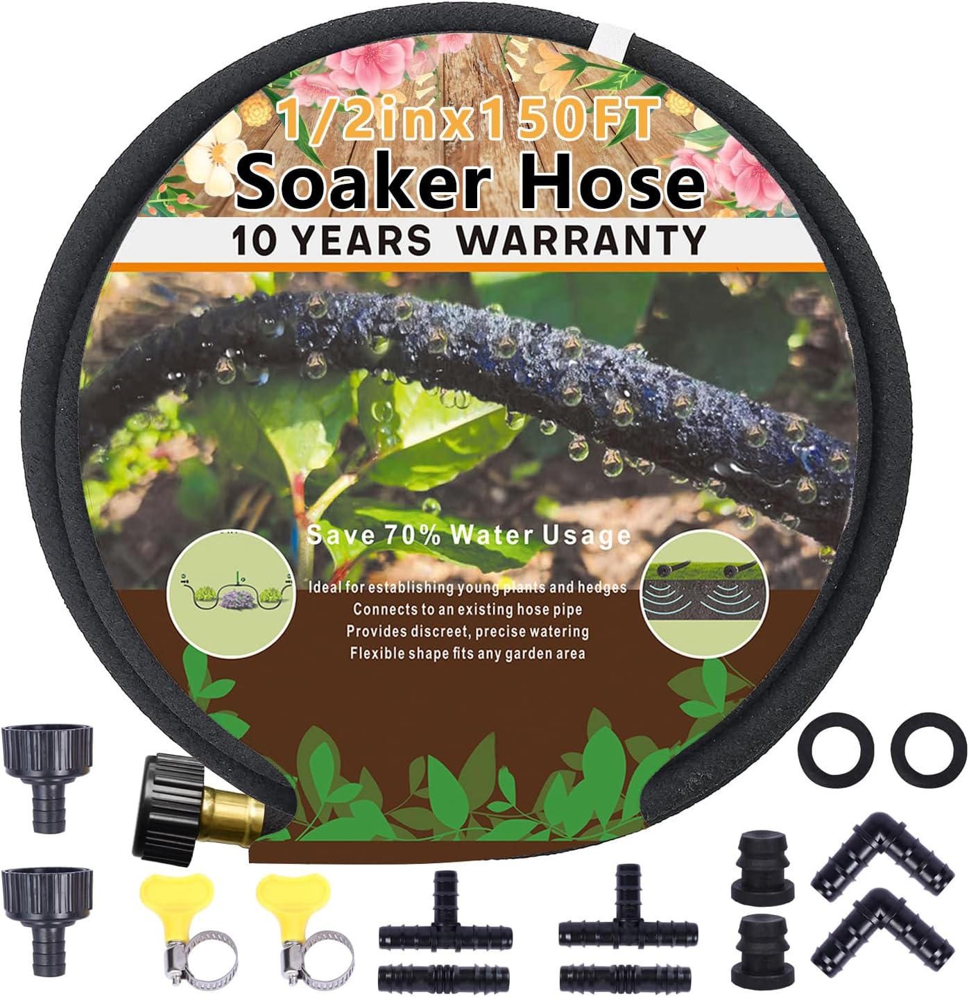 4-Pack Soaker Hose for Garden 10 Ft, Short Soaker Hoses 40 Ft, Rubber Garden Hose for Watering, Heavy Duty Drip Irrigation Hoses System (10 feet 4-Pack)