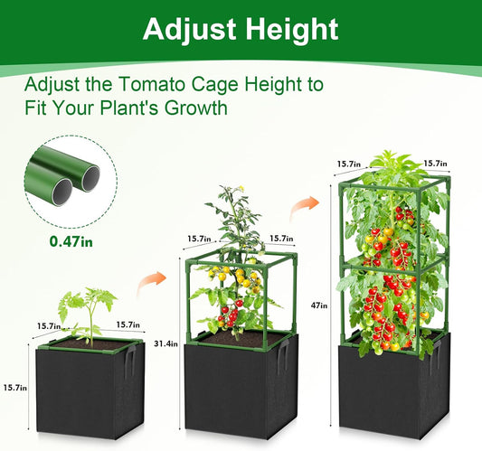 3 Pack Tomato Cages, Square Tomato Trellis with 17 Gallon Grow Bags,47IN Tall Heavy Duty Tomato Plant Support Stakes for Garden Climbing Vegetables Flowers Fruits (Extra-Bold, 3 Pack)
