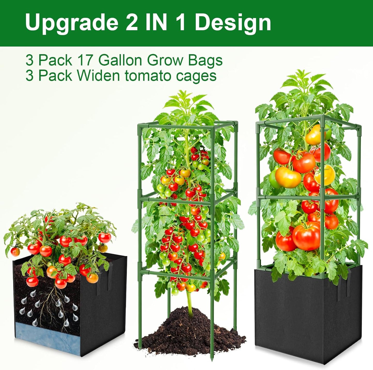 3 Pack Tomato Cages, Square Tomato Trellis with 17 Gallon Grow Bags,47IN Tall Heavy Duty Tomato Plant Support Stakes for Garden Climbing Vegetables Flowers Fruits (Extra-Bold, 3 Pack)