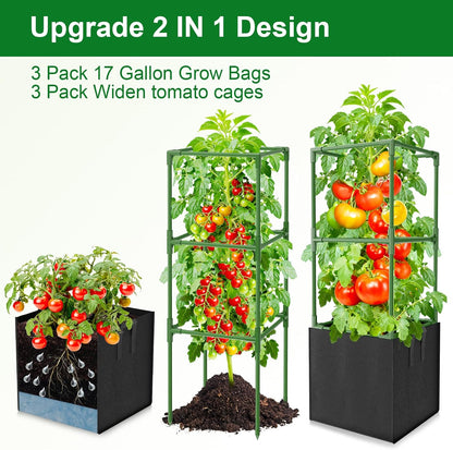 3 Pack Tomato Cages, Square Tomato Trellis with 17 Gallon Grow Bags,47IN Tall Heavy Duty Tomato Plant Support Stakes for Garden Climbing Vegetables Flowers Fruits (Extra-Bold, 3 Pack)