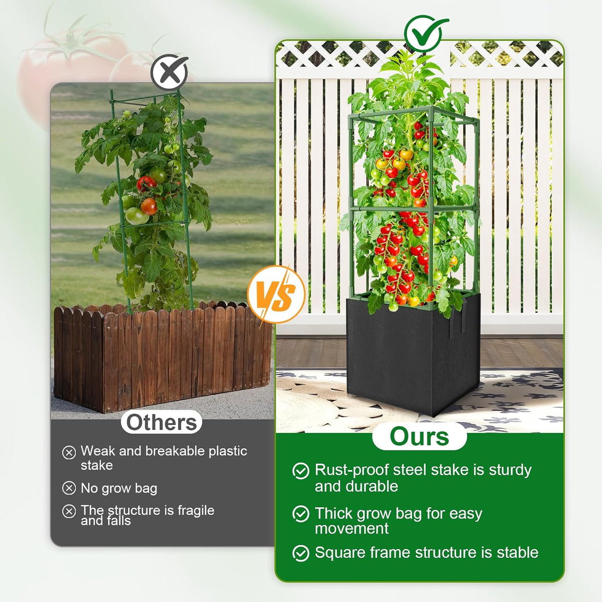 3 Pack Tomato Cages, Square Tomato Trellis with 17 Gallon Grow Bags,47IN Tall Heavy Duty Tomato Plant Support Stakes for Garden Climbing Vegetables Flowers Fruits (Extra-Bold, 3 Pack)