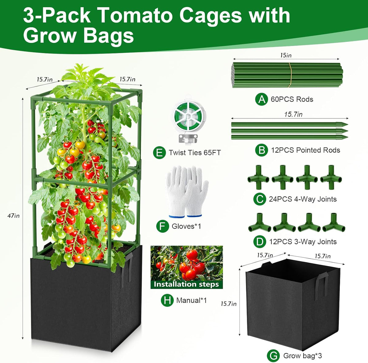 3 Pack Tomato Cages, Square Tomato Trellis with 17 Gallon Grow Bags,47IN Tall Heavy Duty Tomato Plant Support Stakes for Garden Climbing Vegetables Flowers Fruits (Extra-Bold, 3 Pack)