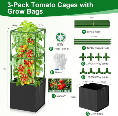 3 Pack Tomato Cages, Square Tomato Trellis with 17 Gallon Grow Bags,47IN Tall Heavy Duty Tomato Plant Support Stakes for Garden Climbing Vegetables Flowers Fruits (Extra-Bold, 3 Pack)