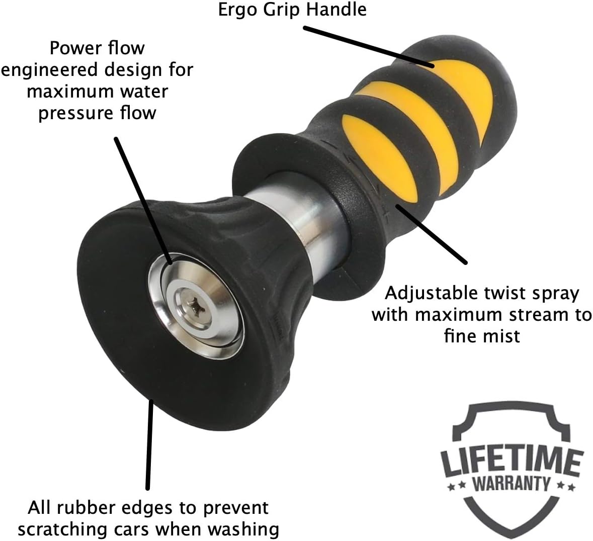 Fireman’s Power Spray Nozzle - Heavy Duty High Pressure Fireman Sprayer for Garden Hose - Leakproof Guarantee - Ergo Handle - Adjust Heavy Stream to Mist - Max Water Flow