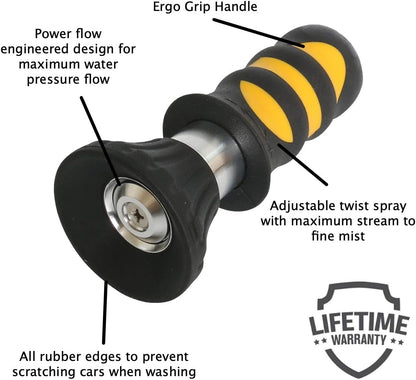 Fireman’s Power Spray Nozzle - Heavy Duty High Pressure Fireman Sprayer for Garden Hose - Leakproof Guarantee - Ergo Handle - Adjust Heavy Stream to Mist - Max Water Flow