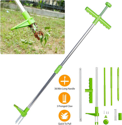 Weed Puller Tool, Stand-Up Weed Remover 3 Claws Aluminum Grass Manual Weeder 38.98in Long Handle with Foot Pedal, Quick-Release Weed for Easy Weeding