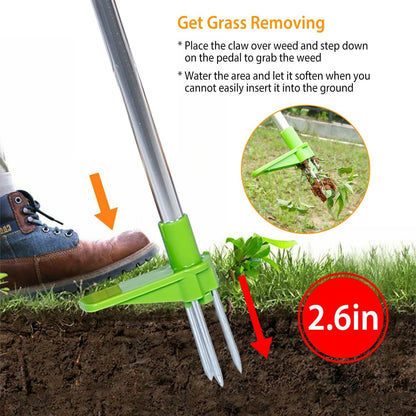 Weed Puller Tool, Stand-Up Weed Remover 3 Claws Aluminum Grass Manual Weeder 38.98in Long Handle with Foot Pedal, Quick-Release Weed for Easy Weeding