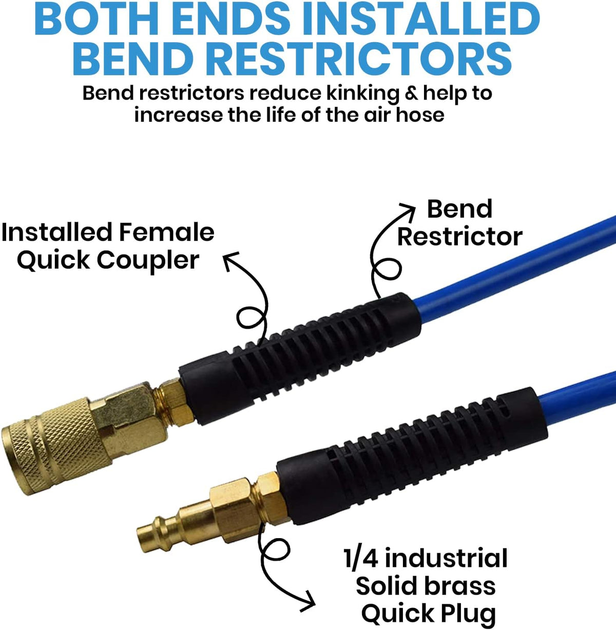Hybrid Lead in Air Hose 3/8-Inch by 6-Feet 300 PSI Heavy Duty, Lightweight, Kink Resistant, All-Weather Flexibility with Bend Restrictors, 1/4-Inch Industrial Quick Coupler and Plug, Blue
