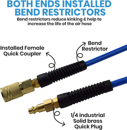Hybrid Lead in Air Hose 3/8-Inch by 6-Feet 300 PSI Heavy Duty, Lightweight, Kink Resistant, All-Weather Flexibility with Bend Restrictors, 1/4-Inch Industrial Quick Coupler and Plug, Blue