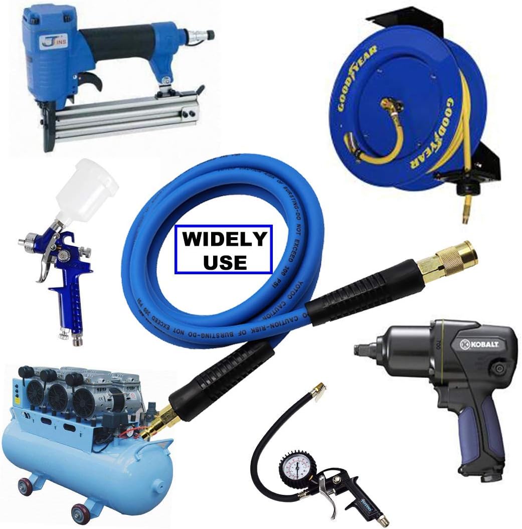 Hybrid Lead in Air Hose 3/8-Inch by 6-Feet 300 PSI Heavy Duty, Lightweight, Kink Resistant, All-Weather Flexibility with Bend Restrictors, 1/4-Inch Industrial Quick Coupler and Plug, Blue