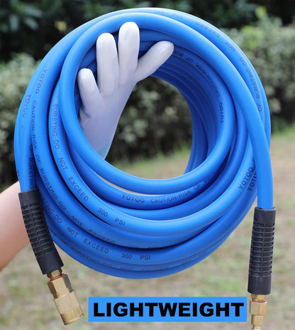 Hybrid Lead in Air Hose 3/8-Inch by 6-Feet 300 PSI Heavy Duty, Lightweight, Kink Resistant, All-Weather Flexibility with Bend Restrictors, 1/4-Inch Industrial Quick Coupler and Plug, Blue