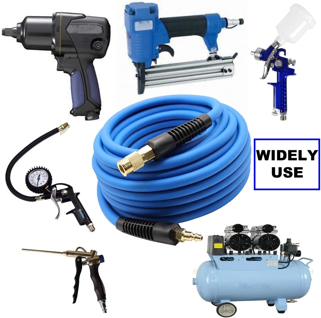 Hybrid Lead in Air Hose 3/8-Inch by 6-Feet 300 PSI Heavy Duty, Lightweight, Kink Resistant, All-Weather Flexibility with Bend Restrictors, 1/4-Inch Industrial Quick Coupler and Plug, Blue