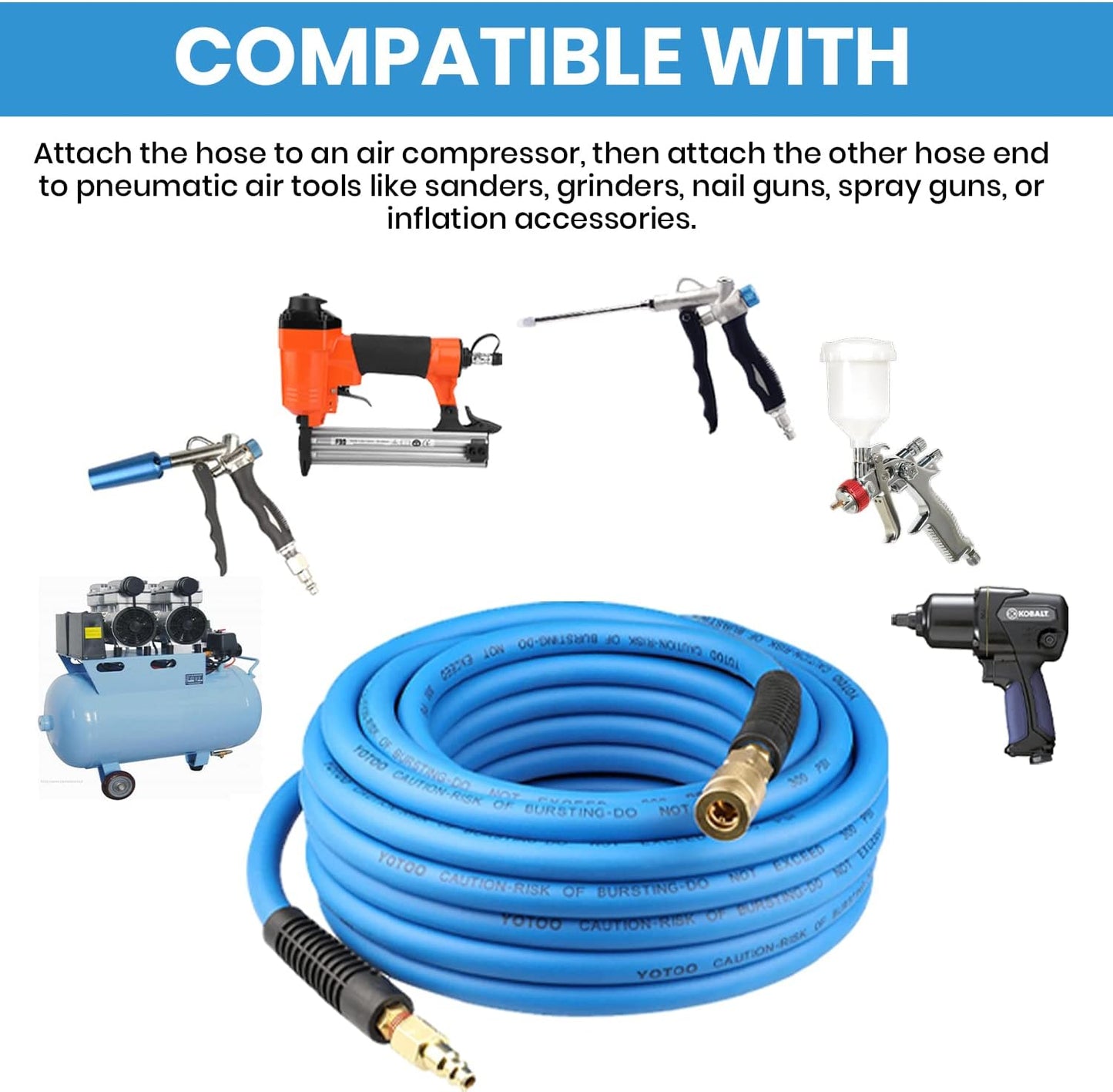 Hybrid Lead in Air Hose 3/8-Inch by 6-Feet 300 PSI Heavy Duty, Lightweight, Kink Resistant, All-Weather Flexibility with Bend Restrictors, 1/4-Inch Industrial Quick Coupler and Plug, Blue