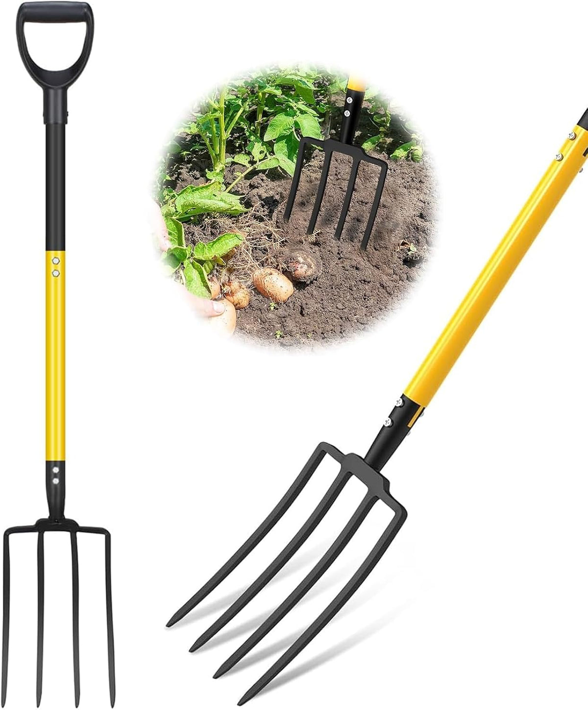Pitch Fork, 4 Tine Heavy Duty Garden Fork Ergonomic Handle for Gardening